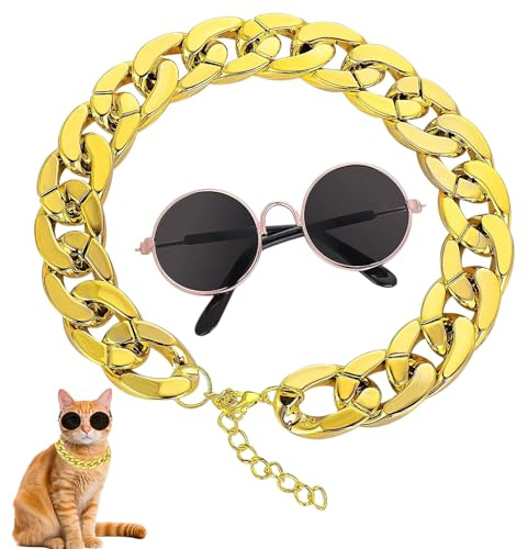 Anseom Cat Sunglasses with Gold Chain Costume Decorations Cat UV Protection Goggles Puppy Glasses Adjustable Chain Cosplay Costume Cool Photo Props (1 Black Glass+1 Gold Chain)