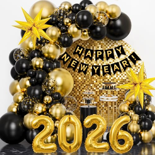 145 Pezzi Decorazioni Capodanno Palloncini 2026 Nero Oro Palloncini Arco Kit 2026, Decorazione per Capodanno, Happy New Year Banner