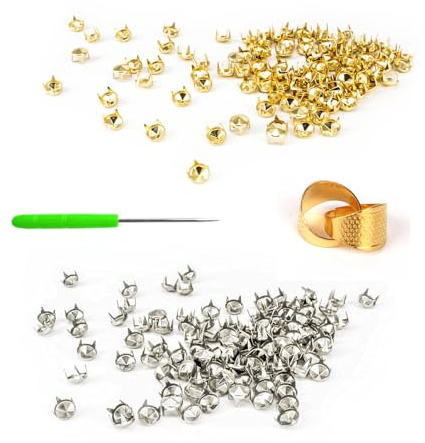 Ojiuboo，Kit de couture à la main, rivets punk à quatre griffes à pointe conique, dés à coudre antidérapants en métal et punaises pour vêtements et chaussures, or et argent.