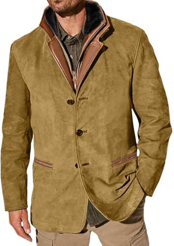 Vhersily Giacche Vintage in Pelle Scamosciata da Uomo, Blazer Doppio Strato con Collo, Lunghezza Media, Perfetta per Autunno e Inverno, Giaccone Invernale Trench Coat Outwear, per Lavoro, Arrampicata