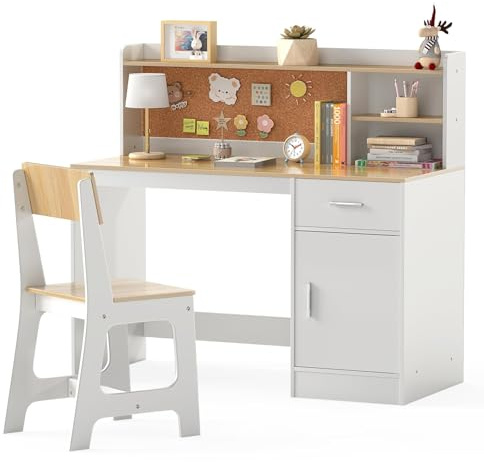 LIFEZEAL Mesa y Silla Infantil, Muebles Infantiles Multifuncional, Escritorio con Estantería, Cajón, Armario, Tablero de Corcho, Taburete Ergonómica con Respaldo Inclinado (Color de los Troncos)