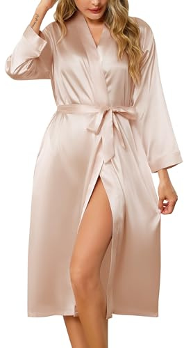 Lovasy Silk Dressing Gown Women's Satin Robes Long Ladies Kimono Dressing Gowns Lightweight Bride Bridesmaid Silk Robe Soft Satin Bath Robe with Pockets,Champagne,M