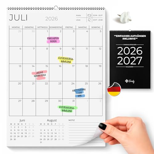 Finoly Calendario Pared 2026 Julio 2026 Diciembre 2027 (18 Meses) en Aleman | Calendario Mensual 2026 A4 | Calendario Familiar Pared | Planificador Mensual | Almanaque Minimalista