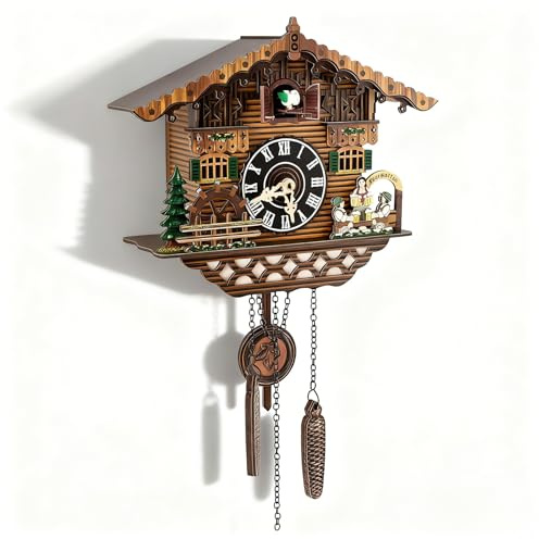 Mekturm Cuckoo Clock, Retro Wooden Quartz Clock, Rural Wooden House Style with Waterwheel, Wall-mounted Decorative Clock, with Quartz Movement and Cuckoo Chime, for Home Livingroom Decor