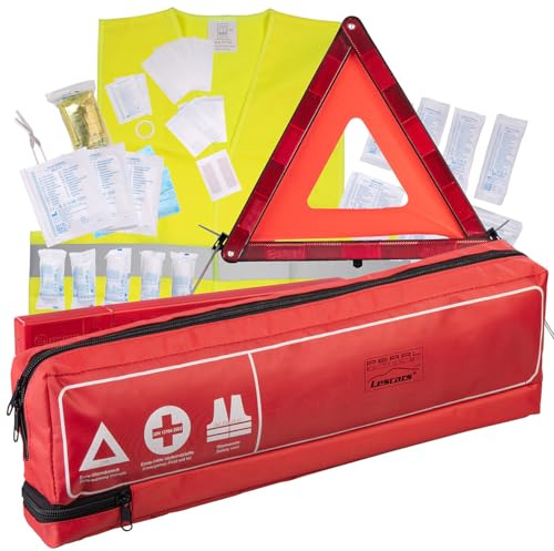 Lescars Borsa combinata per Auto, con Kit di Pronto Soccorso, Triangolo di Emergenza, Gilet Riflettente, Conforme alla Norma Attuale DIN 13164
