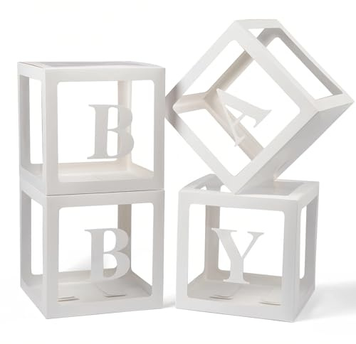 4 Scatole Trasparenti per Palloncini,Balloon Box Decorazione Baby Shower con Quattro Lettere,Ideale per Baby Shower,Decorazioni di Compleanno,Feste di Gravidanza,Bridal Showers