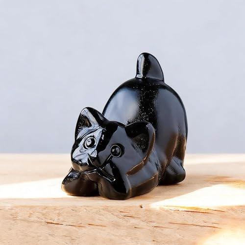 MINWEGI Handmade Black Obsidian Lucky Cat Figurine - 30x20mm Mini Crystal Ornament for Home Decor, Spiritual Gift for Cat Lovers (Five Fortune Cat) (Black, 30 * 25MM)