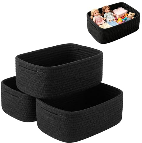 Aufbewahrungskörbe, 30x20x11cm Regalkörbe zum Ordnen, Faltbare Korb Geflochten Baumwollseil, Kleine Aufbewahrungskörbe zum Organisieren, Regal, Spielzeugkorb, Gewebte Seilkörbe, Schwarz