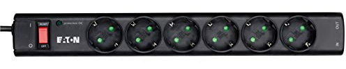 Eaton Protection Strip 6 Tel@ DIN - Steckdosenleiste mit Überspannungsschutz (6-Fach Schuko Buchse, schaltbar, Telefon Schutz) - Schwarz (PS6TD)
