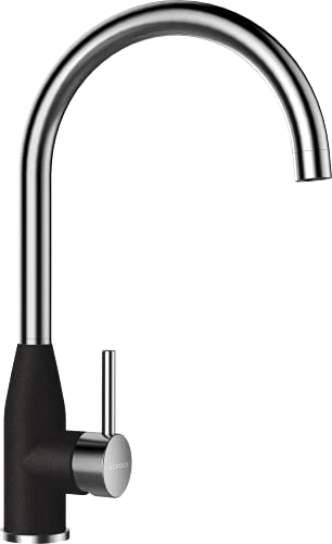 Schock 559000GNE Robinet de cuisine Kavus en Nero – Robinet haute pression avec bec fixe, jet d'eau ultra silencieux et position d'écoulement élevée