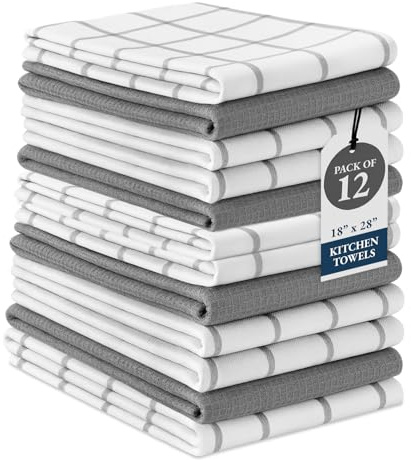 LANE LINEN Kitchen Towels Set – Pack of 12 Dish Cloths, 100% Cotton Absorbent Tea Towels 18” x 28” Quick-Drying & Soft Cleaning Kitchen Towel - Grey