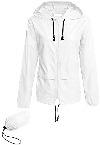 Waterproof Jackets Women Packaway Raincoat for Women Lightweight Summer Foldable Packable Hunter Hiking Fitted Windbreaker Coat, White L
