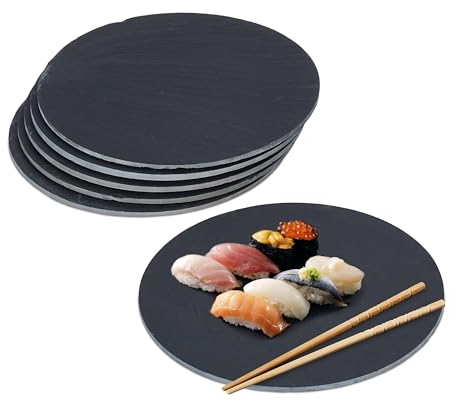 Relaxdays Plat de Service, lot 6, Forme Ronde, pour Servir Fromage/sushis/Desserts, diamètre : 25 cm, Noir
