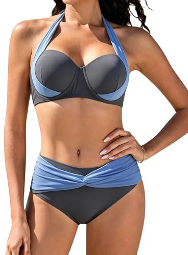 JFAN Traje de Baño de Mujer Talle Alto Conjuntos de Bikinis Push Up Swimwear Color Block Bikinis Mujer Ropa de Playa Talla Grande,Gris,L
