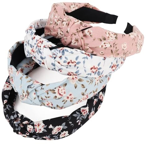 DRESHOW 4 Paket Pannband för Kvinnor och Flickor Blomstertryckt Knuten Plast Pannband Mode Boho Breda Hårband Halkfria Hårtillbehör
