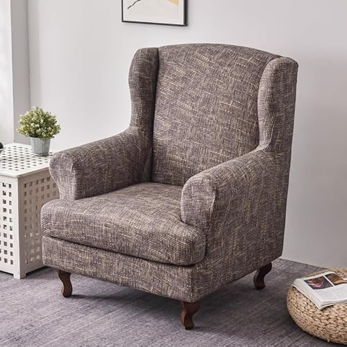 Hixingo Jacquard Pattern Wingback Chair Covers 2 IN 1 Design, Armchair Covers Soft 2 Piece Set Stretch Chair Covers, Wing Chair Slipcover for Living Room Bedroom Hotel Protector (Brown)