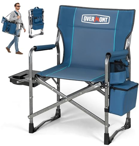 OVERMONT Silla de Camping Plegable - Silla de Director Plegable - Soporta hasta 180 kg - Silla Plegable con Mesa Lateral y Bolsa Isotérmica para Camping Pesca Festival Azul Grisáceo