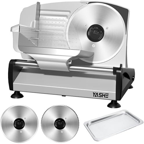YASHE Meat Slicer with Quiet DC Motor, 200W Electric Deli Slicer, Removable Dual 19CM Stainless Steel Blades and Food Carriage, Child Lock Protection, 0-15mm Adjustable Thickness for Meat Cheese Bread