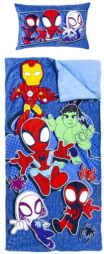 Jay Franco Sac de Couchage Marvel Spidey et Ses Amis extraordinaires avec Oreiller intégré, Tapis de Sieste pour Enfant avec poignée de Transport, 2 pièces