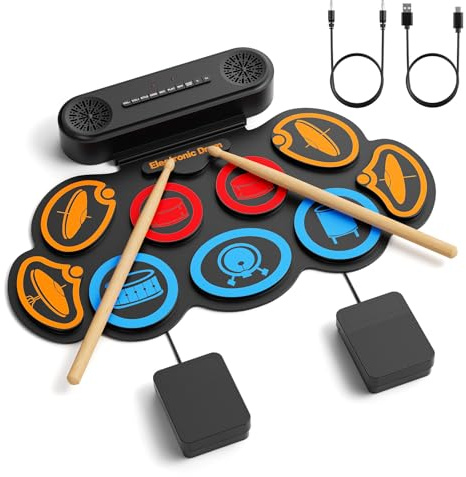Elektronisches Schlagzeug, Schlagzeug Kinder mit 9 Drum-pads & 2 Lautsprechern & 2 Pedalen, Faltbar, Kinder Unterstützt Aufnahme & Bluetooth & App, 1500 Mah Akku, 10 Stunden Akkulaufzeit