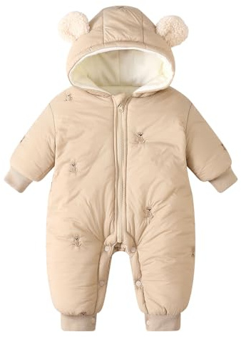 GigaCircle Baby Boy Girl Snowsuit, Soft Cute Bear Hooded Winter Romper Pram Suit, Infant Unisex Warm Coat Clothes, Khaki Bear 12-18 Months