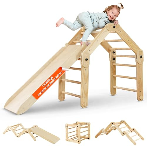 X-Targets Telaio da arrampicata per interni in legno di pino, larghezza 95 cm, con scivolo e parete da arrampicata, certificato CE, senza BPA, dai 2 anni in su, carico massimo 50 kg, 14+ varianti di