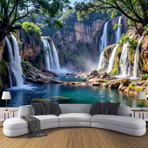 Carta Da Parati Murale Cascata naturale 3D, Per Camera Da Letto, Soggiorno, Decorazione Domestica, 300 x 210 cm Murale Paesaggio naturale Decorazione Poster Da Parete, verde