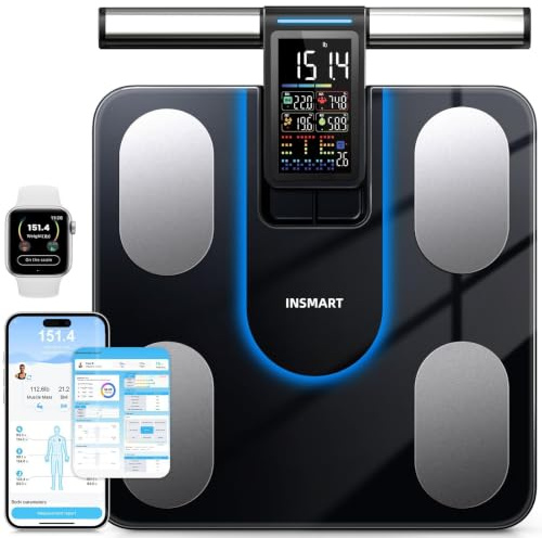 INSMART Scales for Body Weight, 8-Electrode Digital Smart Weight Scales | with BMI Body Fat Muscle Mass, 56 Body Composition Analyzer, Larger Platform Scales Colorful VA Screen on Retractable Handle