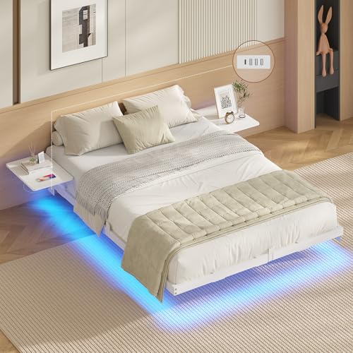 AOGLLATI Bettgestell 140x200 Bett 140x200 aus Metall mit LED Beleuchtung und Ladestation Schwebender Bettrahmen mit Aufbewahrungsregalen Metallbett mit Lattenrost (Ohne Matratze) (Weiß, 140 x 200 cm)