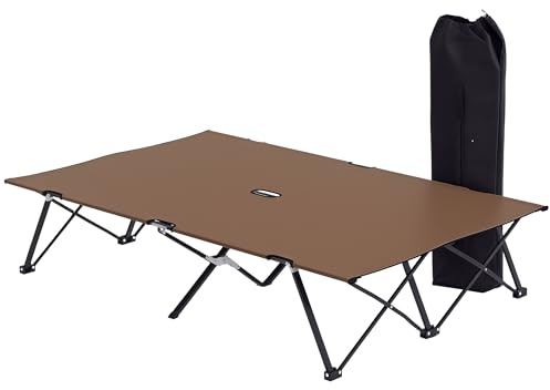 Outsunny Double Camping Bed Camping Cot Foldable Sunbed Outdoor Patio Sleeping Bed Super Light with Carry Bag (Khaki)