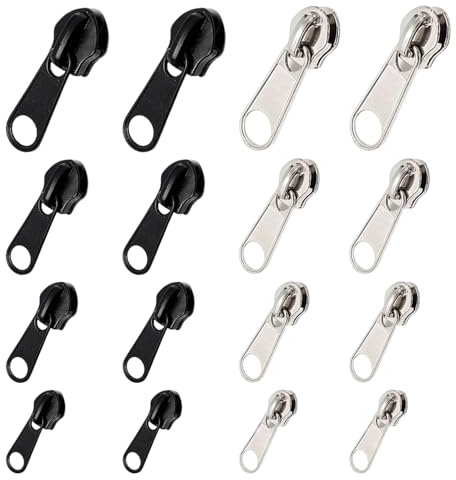 RVYEIOP 16 Piezas Kit de Reparación de Cremallera, Tirador de Cremallera Universal en 4 Tamaños (#3#5#8#10), Cursor de Metal para Chaquetas, Bolsos, Maletas y Mochilas, Negro y Plata