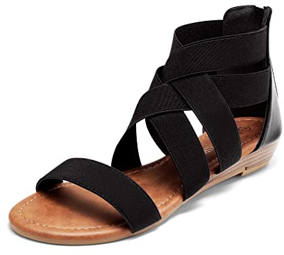 DREAM PAIRS Elastic Strappy Flats Sandals Womens Open Toe Summer Beach Low Wedges Shoes ELASTICA8,Size 9,Black,ELASTICA8