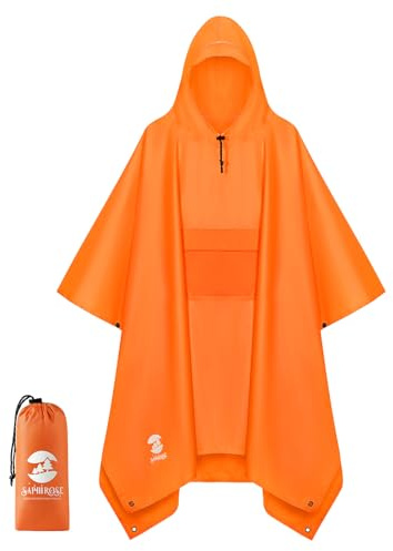 SaphiRose Extra Thick Hooded Rain Poncho Double Layer Waterproof Raincoat Jacket for Men Women Adults