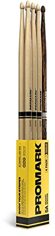 ProMark Drum Sticks - Rebound 5A Drumsticks - FireGrain For Playing Harder, Longer - Rear Weighted Feel - Lacquer Finish, Acorn Tip, Hickory Wood - 3 Pairs of Rebound 5A + 1 Pair of FireGrain 5A