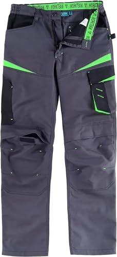 WORKTEAM Pantalón de Trabajo en Tejido Canvas (Extremadamente Resistente y Duradero), Slim Fit, Multibolsillos, Porta Martillo, Refuerzo para Rodilleras, Vivos Reflectantes, Unisex Gris XL