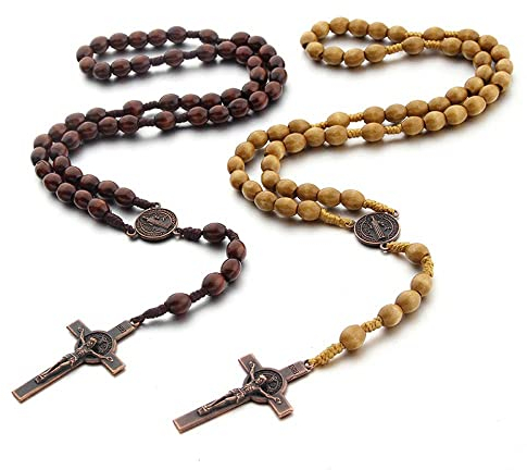 Jiali Q 2 Stück Holzrosenkränze, katholischer Rosenkranz, handgefertigt, Kruzifix-Halskette, religiöser Schmuck, 1 dunkel + 1 hell