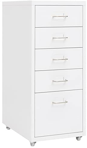 Gecheer Aktenschrank mit Rollen Rollcontainer mit 5 Schubladen Bürocontainer Schubladenschrank Büroschrank Stahlschrank Metallschrank Schrank Weiß 28x41x69 cm Metall