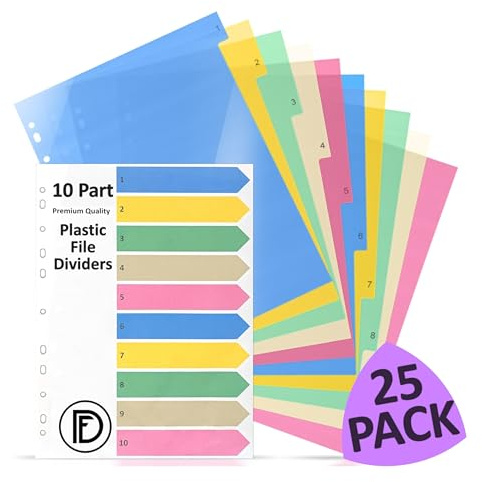 DocFeedz 10 delar fildelare A4 med indexpapper förpackning med 25 – pastellfärgade plastmappavdelare A4 med förstansade hål – ringpärmavdelare för hem, skola och professionell användning