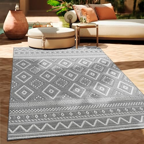 Paco Home Outdoor Teppich Flachgewebe Modern Boho-Style wetterfest & UV-beständig Ideal für Terrasse Balkon Wohnzimmer & Küche, Grösse:200x280 cm, Farbe:Grau 2