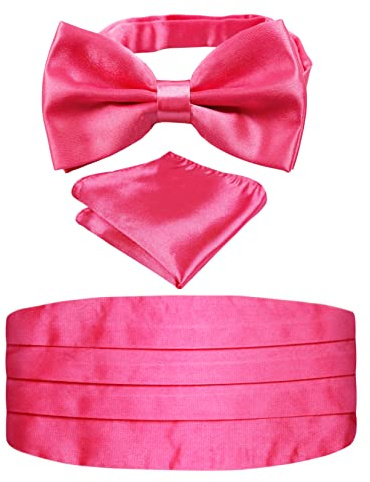 Alizeal Mens Prom Bow Tie, Handkerchief and Cummerbund Set (Solid Hot Pink)