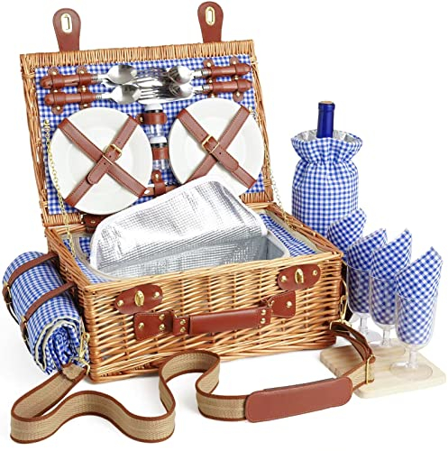 Wicker Picknickkorb Set für 2-4 Person mit Kühlfach und wasserdichte Picknickdecke, Abnehmbarer Riemen, Weinbeutel, Besteck Set, für Camping, Strand, Wandern, BBQ und Familie/Paare Geschenke, Zubehör