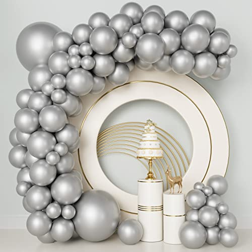 120pcs Metallic Silver Balloon Garland Arch Kit 5/10/12/18 Inch Different Size Chrome Silver Latex Balloon for Graduation Baby Shower Wedding Birthday Party Anniversary Decorations