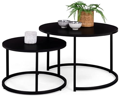 IDMarket - Set mit 2 Couchtischen Davis rund 54/70 aus Metall, schwarz, matt, Industriedesign