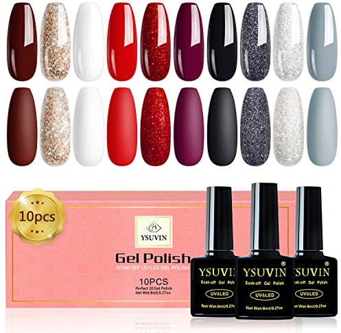 YSUVIN UV-nagellack, 10 stycken röd, svart, grå, silver, vit, UV-lack | Bänkskydd, UV/LED-lampa, gelnagellack, gör-det-själv-set för kvinnor