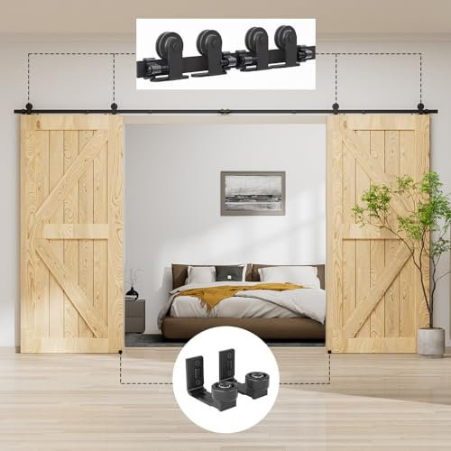 LTIYITL 274CM (9FT) Sliding Door Hardware Barn Kit Wardrobe Accessory With Rail Roller For Double Door, Contains Adjustable Floor Guide