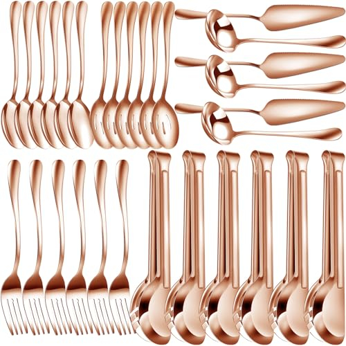 Lot de 30 ustensiles de service en acier inoxydable comprenant de grandes cuillères de service, des cuillères à fente, des fourchettes, une louche, une pelle à tarte et une pince de service pour