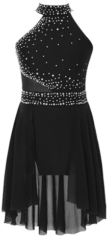 Oyolan Enfant Fille Robe Danse Classique Ballet Justaucorps Gymnastique Robe Danse Contemporaine Asymétrique Costume Spectacle 5-16 Ans A Noir 11-12 Ans