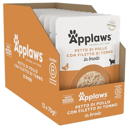 Applaws Nourriture Humide 100% Naturelle pour Chat, Poitrine de Poulet avec Filet de Thon en Bouillon - Pack de 12 Poches de 70g
