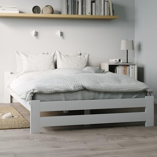 Home Collective Holzbett 120x200 cm mit Lattenrost Modern Bett Kiefer Massiv Bettgestell Doppelbett Massivholzbett Klassisch Komfortabel & Langlebig Skandinavisch Boho Landhaus Kopfteil flach weiß