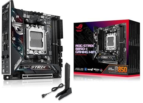 ASUS ROG Strix B850-I Gaming WiFi AMD Mini-ITX motherboard, 10+2+1 power stages, DDR5 slots, two M.2 slots, PCIe 5.0, WiFi 7, USB 20Gbps Type-C, and Aura Sync RGB